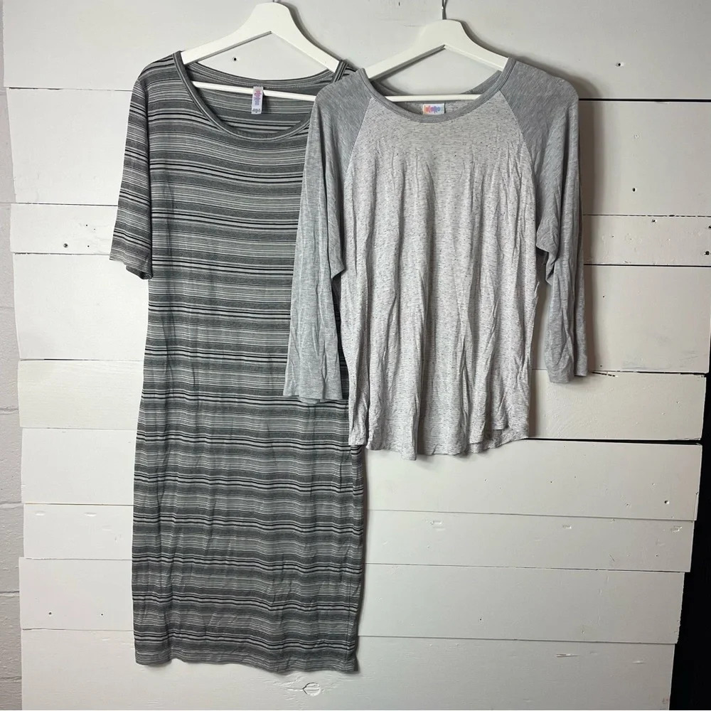 BUNDLE Grey Striped Stretch Knit Dress and Top Size Medium & Large
